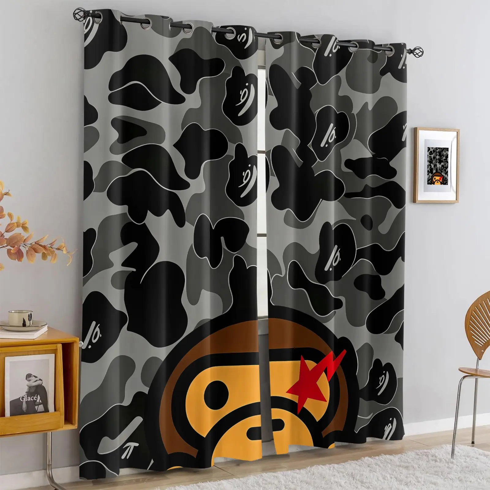 2 Panels Camo Monkey Head Print Blackout Curtains, Street Hip Hop Ape Camouflage Grommet Window Drapes, Machine Washable Light Blocking Curtains for Teen Boys Gaming Room Cool Streetwear Decor