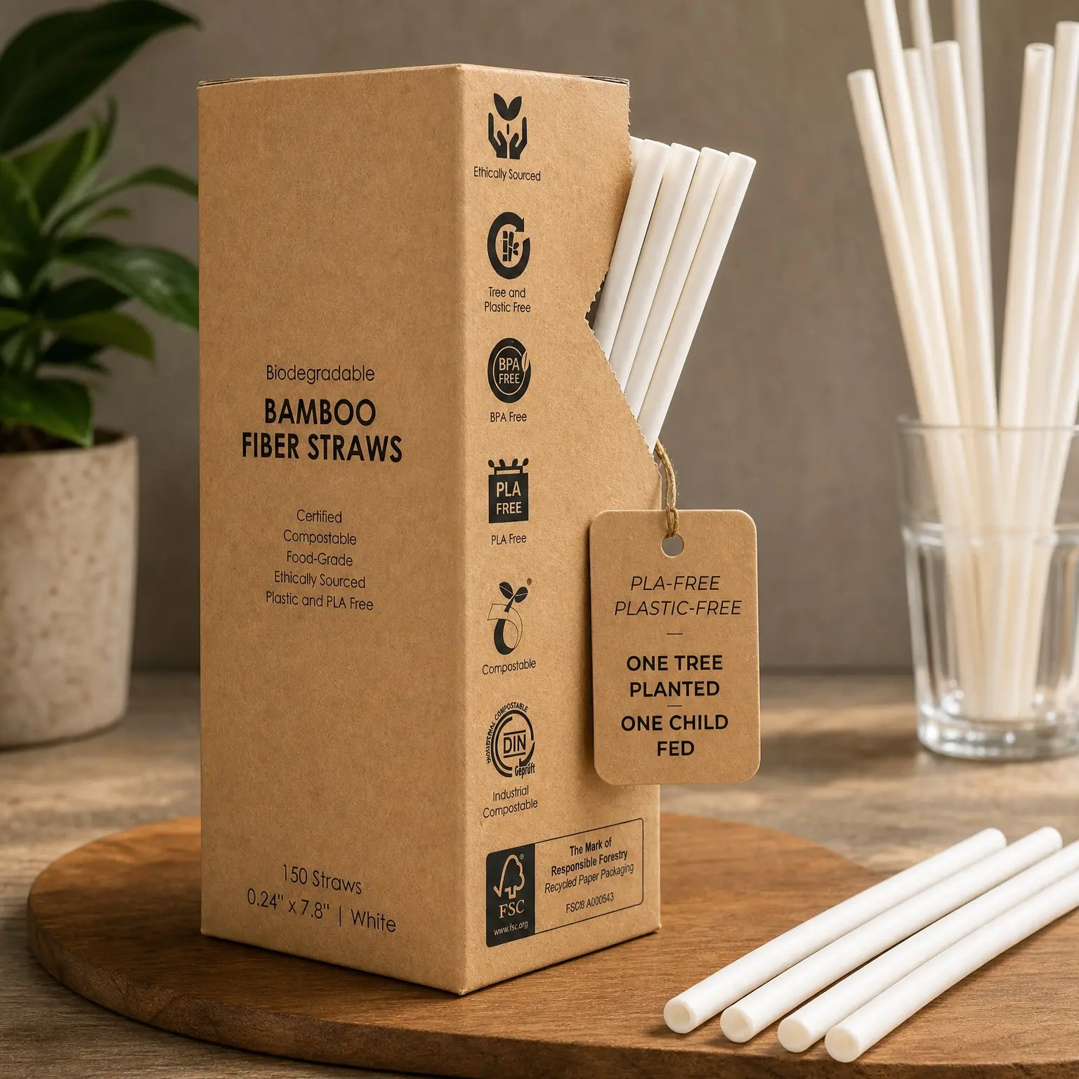 Biodegradable Bamboo Fiber Disposable Straws, 150 Count, 7.8 Inch | 100% Compostable, Eco-Friendly Drinking Straw | Plastic-Free White Straw, Plant Fiber Straws | Durable for Warm & Cold DrinksGift