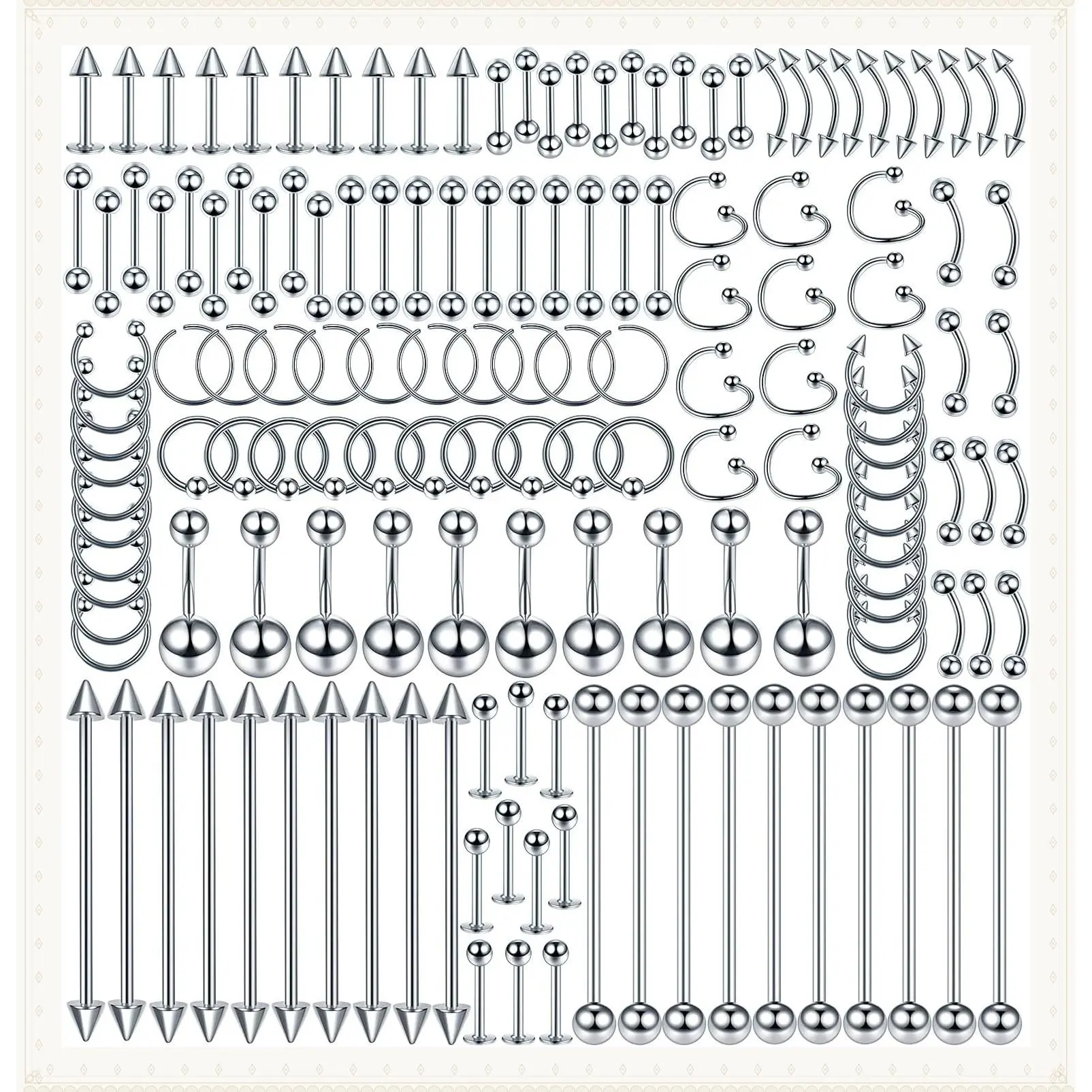 150PCS Stainless Steel Body Piercing Kit Jewelry Set for Lip Nose Tongue Tragus Cartilage Daith Eyebrow Belly Button Rings with Tools, 14G 16G 20GGift
