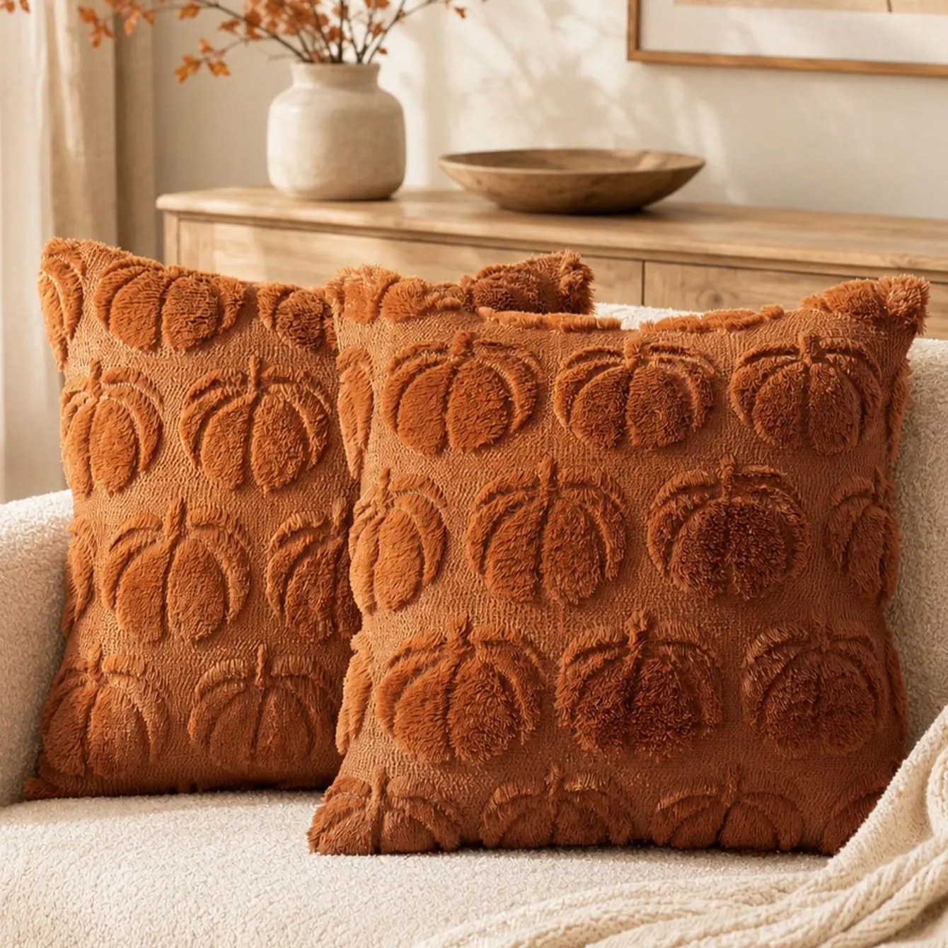2-Pack Rust Plush Pumpkin Pillow Covers, Festive Home Decor, Holiday Party Essentials, Perfect Gift Idea, Cozy Cushion Cover