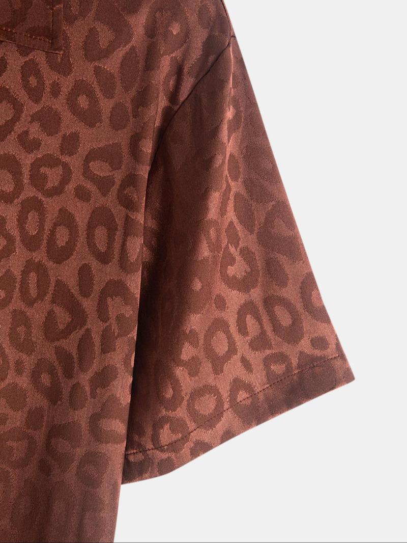 Men's Leopard Jacquard Satin Short Sleeve Shirt, Casual Party Shirt, Regular Fit Casual Soft Comfy Button Front Collared Top for Summer, Fashion Men's Clothes for Daily Wear