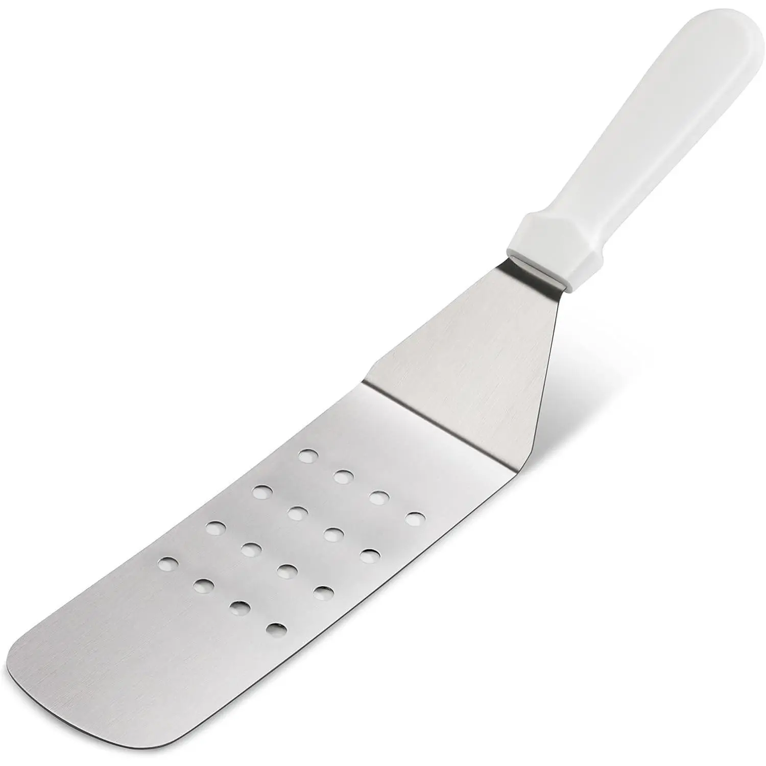 14.5 Inch Perforated Flexible Grill Turner, Stainless Steel Spatula with White Plastic Handle for Griddle, Flat Top, Grill, and Restaurant Use