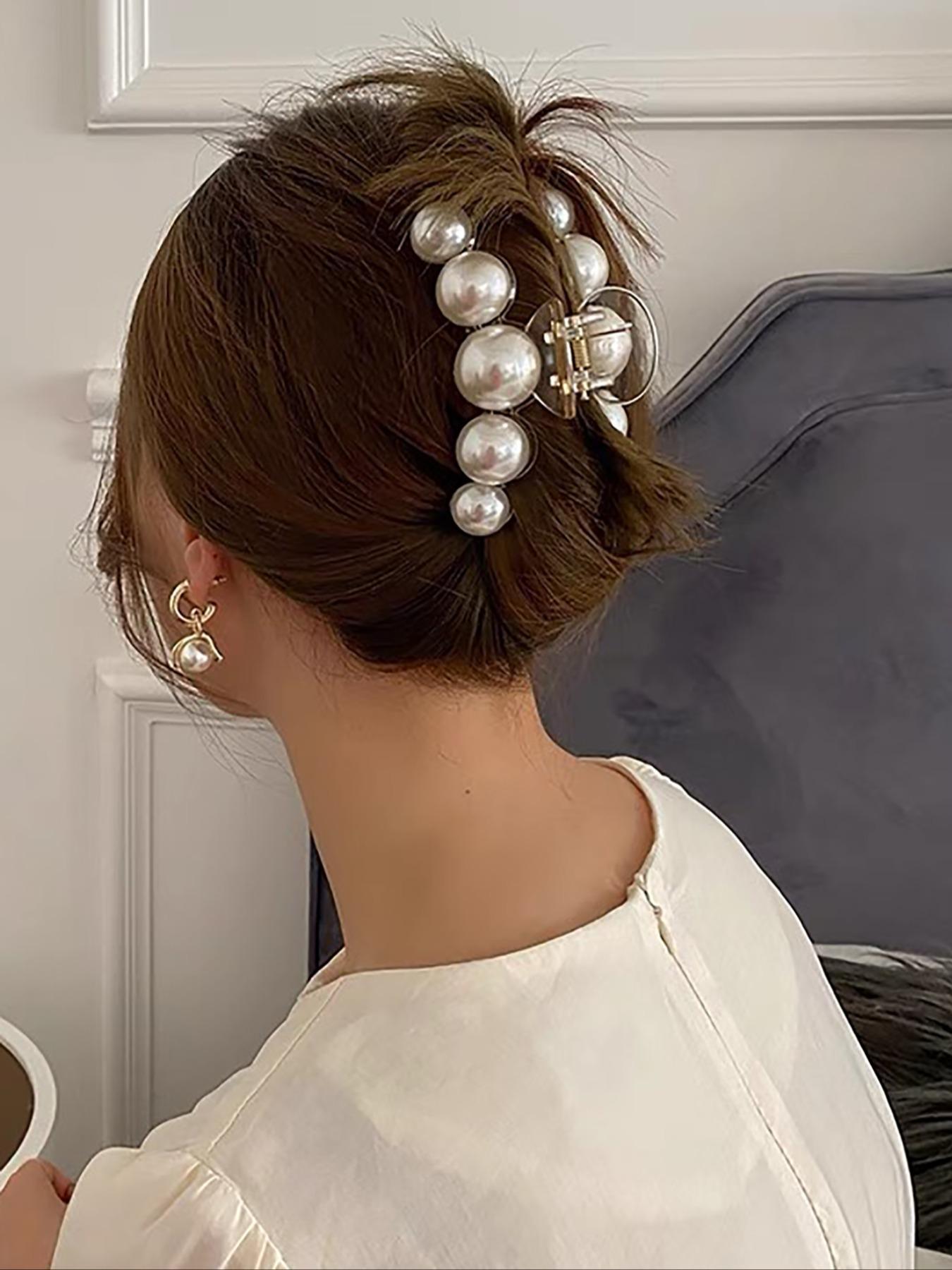 Faux Pearl Decorated White Claw Clip, Minimalist Headwear Suitable for Thick Hair, Fashion Hair Accessories for Party, Daily Clothing Decor, Hair Claws