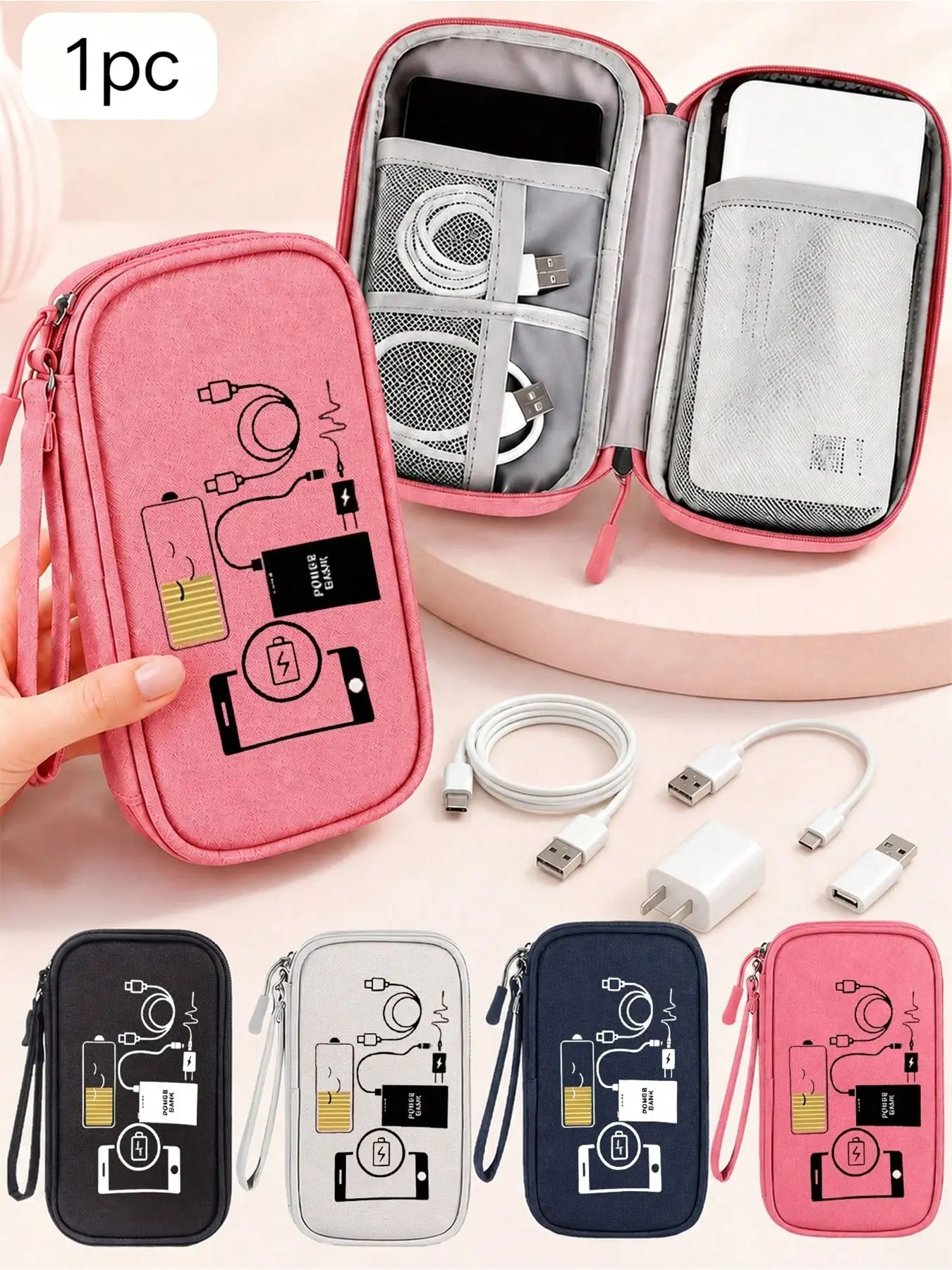 Portable Cable Organizer Bag, Waterproof Electronics Storage Case, Travel Wristlet for Chargers, USB Cables, Headphones, Hard Drives, Travel Cord Organizer