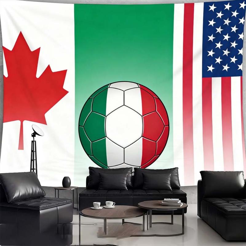 1 pc microfiber FIFA World Cup Tapestry Wall Hanging Soccer Flags Decor Living Room Dining Room Bedroom Outdoor Holiday Atmosphere Enhancement Green Red White American Canadian Flag Soccer Ball Art Multinational Sports Theme Stylish Decorative Background