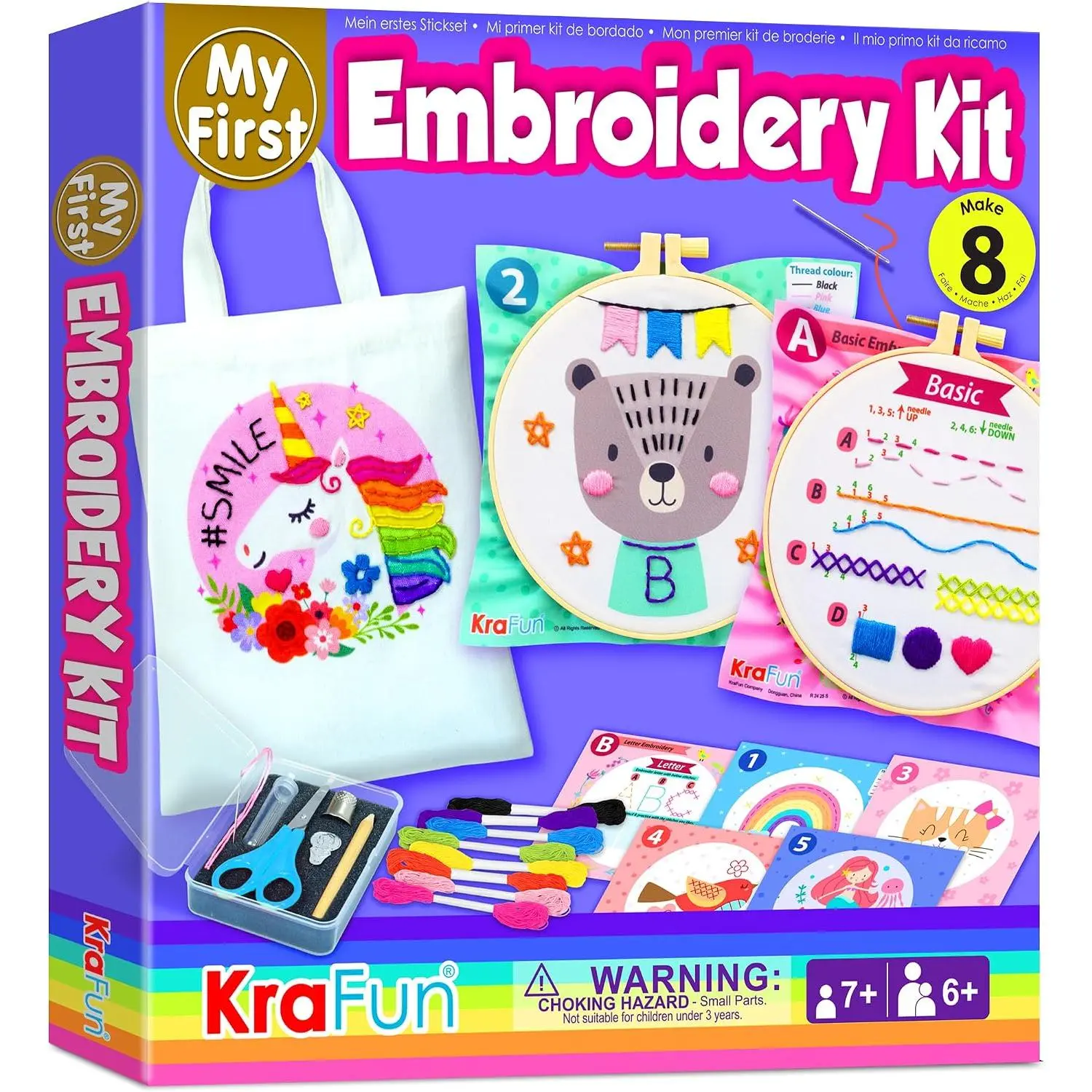 My First Embroidery Kit for  & Teens  8+ | 8 Projects | Beginner hand  set with hoop, tool box & DIY tote bag. Pre-printed cloths. Arts & crafts  for girls