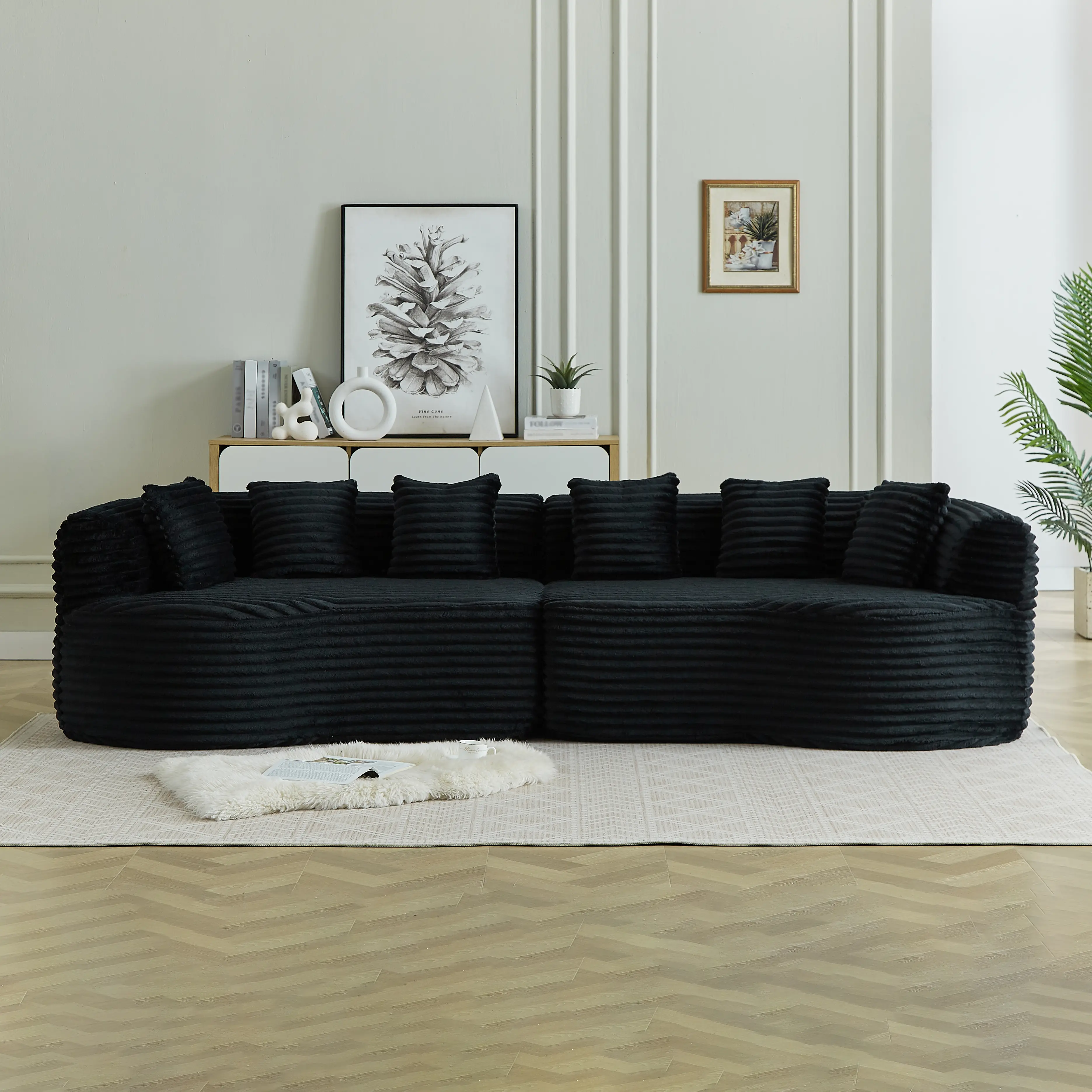 ARCH Curved Sectional Sofa 111.5 Inch Oversized Modern Cloud Couch with 6 Pillows Luxury Corduroy Fabric 4 Seater Memory Foam Deep Seat Living Room Furniture Set Black, Living Room Furniture for Apartment, Lounge, Family Room, Office and Home Seating