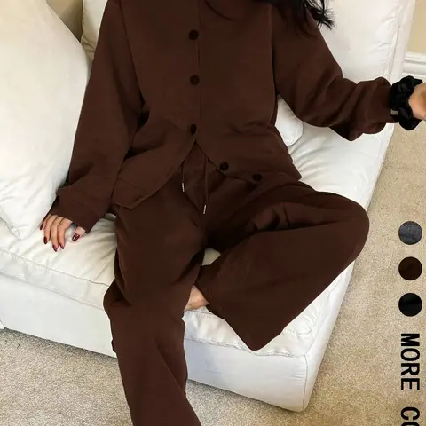Women's Casual Basic Everyday Knit Two-Piece Set, Long Sleeve Top & Pants, Fall Winter Warm, Fashionable Button Design, Comfortable Loose Fit Baggy Outfit, Matching