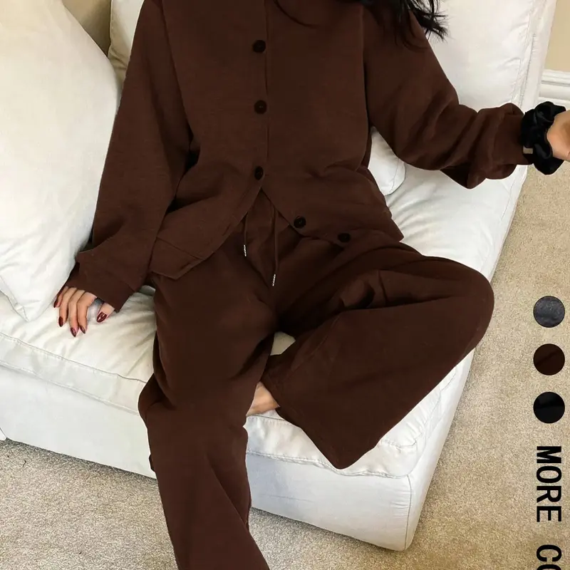 Women's Casual Basic Everyday Knit Two-Piece Set, Long Sleeve Top & Pants, Fall Winter Warm, Fashionable Button Design, Comfortable Loose Fit Baggy Outfit, Matching