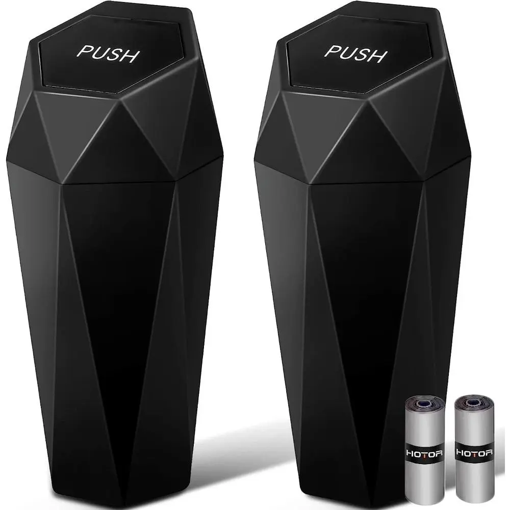 2-Pack Cute Plastic Compact Diamond Shape Car Trash Can with Auto Shut-Off Lid, Odor Blocker, Leakproof Water Resistant Automotive Interior Accessory, 30 Trash Bags Included, Car & Desktop Organizer