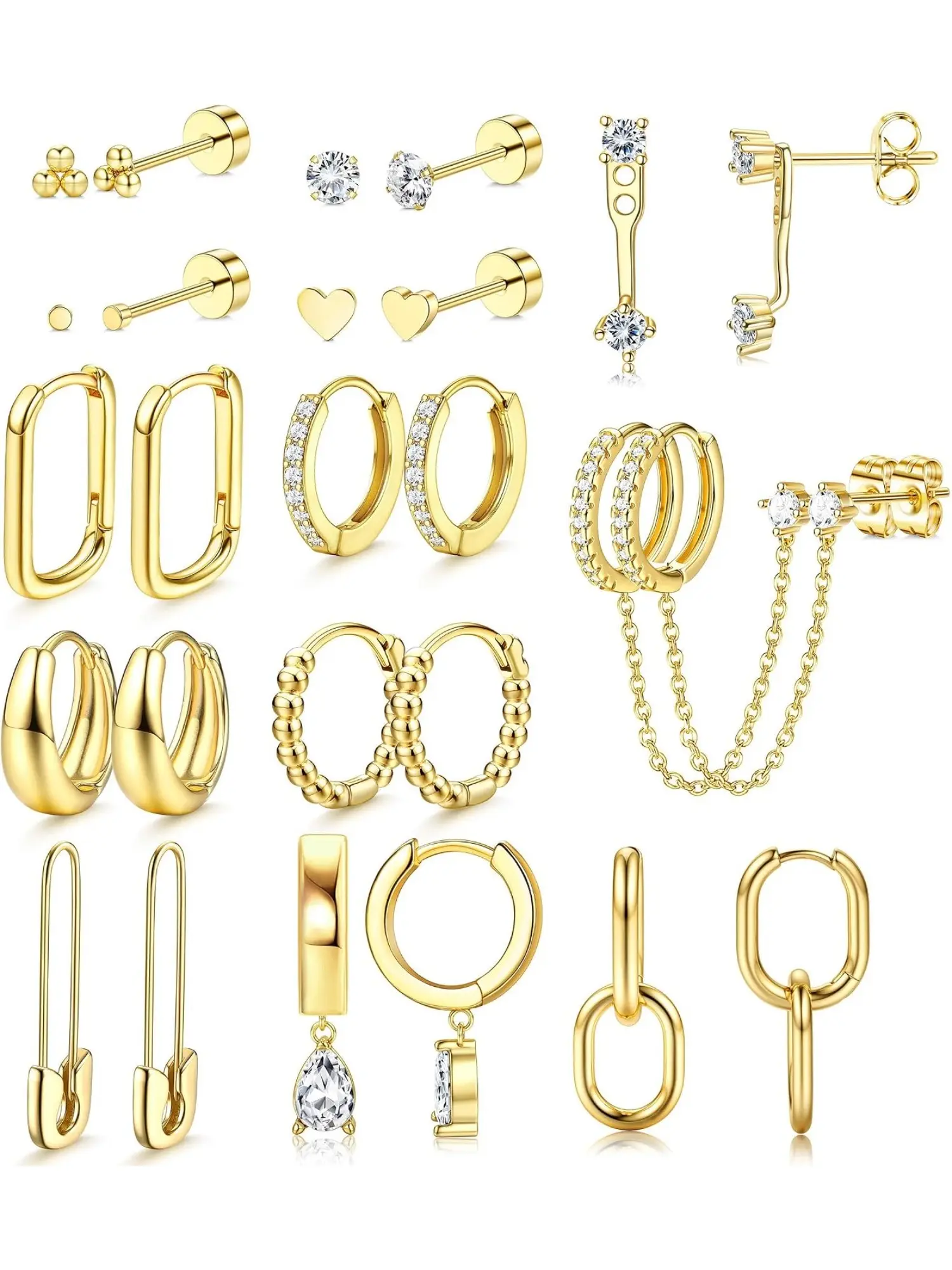13 Pairs 14K Gold Plated Ear Stacking Earrings Set for Women, Dainty Huggie Hoops & Flat Back Studs, Hypoallergenic Cartilage Piercing Jewelry Pack for Multiple Piercings, Trendy Ear Jewelry for Daily Wear, Date Night & Holiday Gift