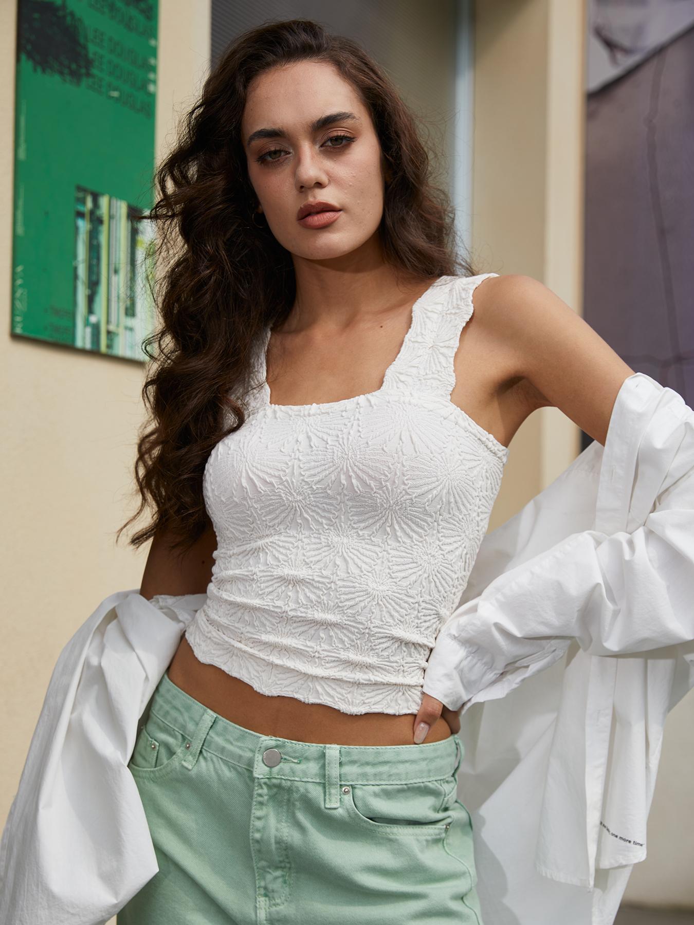 Women's Solid Color Floral Jacquard Sports Singlet, Casual Sleeveless Square Neck Tank Top for Yoga Gym Workout, Ladies Sportswear for All Seasons, Gym Wear, Sleeveless Gym Tops