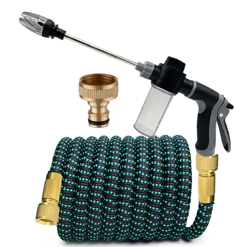 Expandable Magic Garden Hose With Foam Cannon Long Nozzle High Pressure Car Wash Gun Kit, 3X Stretch Retractable Water Hose With Brass Quick Connect Adapter For Vehicle Foam Washing, Patio Cleaning & Garden Watering