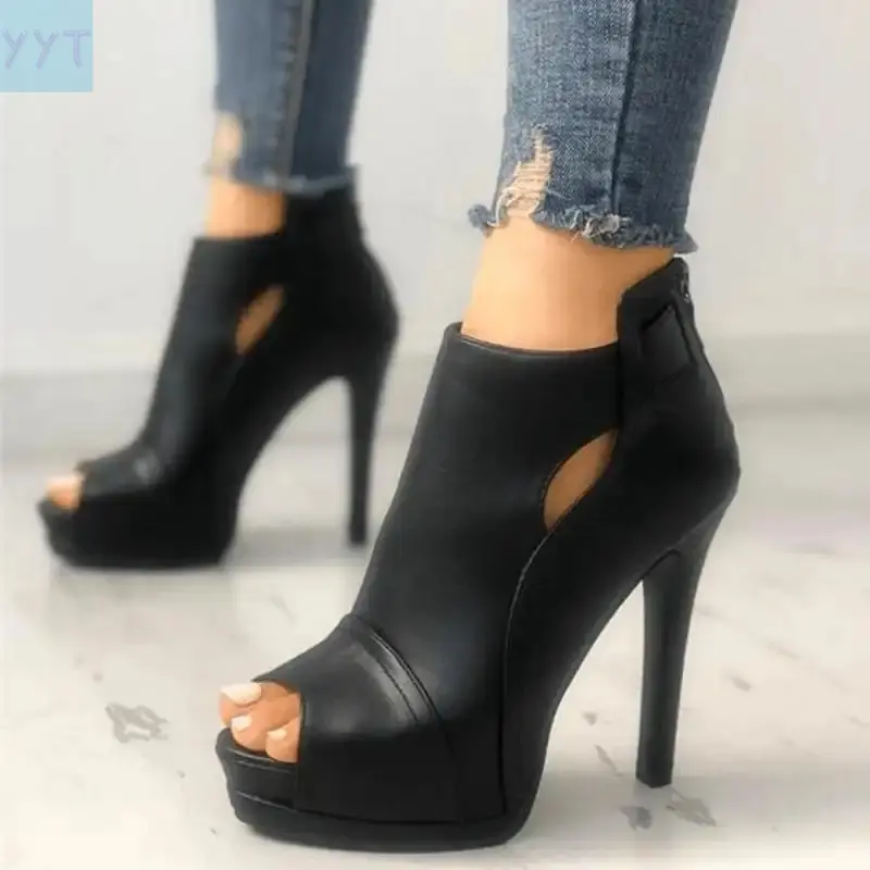 YYT1 Women's Fashionable Heeled Stiletto Heels - Peep-Toe Ankle Boots with Black Cut-Out Back Zipper, Nylon Party Wear Sports Footwear for Hiking