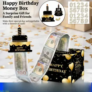 Black Gold Surprise Money Pull Gift Box, Creative Cash Draw Box For Birthday Party & Graduation Ceremony Decor, Luxury Black Gold Party Favor Supply, Unique Money Storage Gift Container For Surprise Celebration, Perfect Decorative Gift Box For Birthday Ga