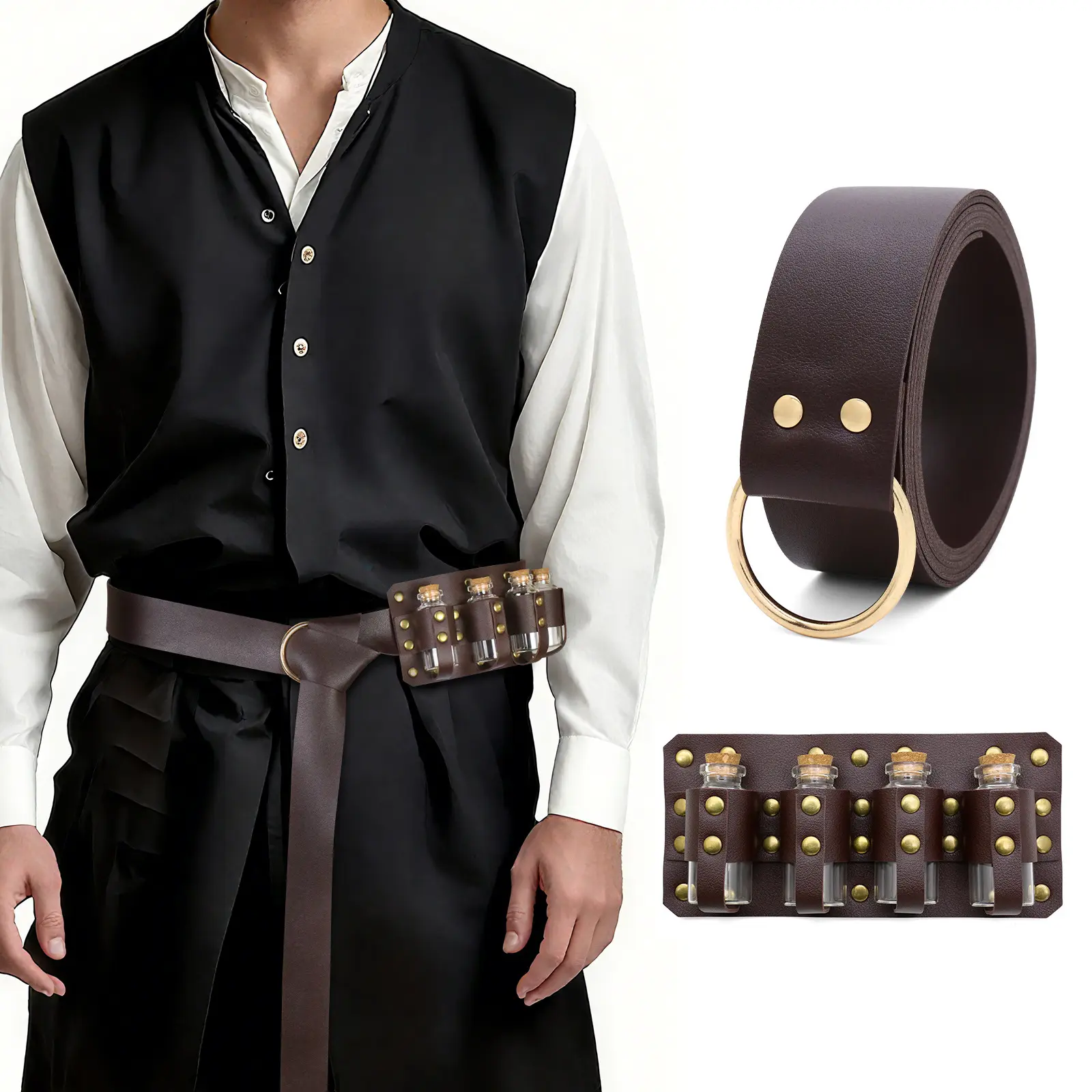 Effortless Dark Brown Medieval Renaissance Belt Set with 4 Potion Bottles Leather Holder Vintage O-Ring Waistband Alchemist Sorcerer Wizard LARP Cosplay Halloween Accessories