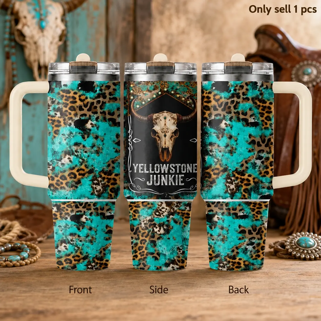 Cowhide Yellowstone Style 40oz Tumbler – Western Rustic Stainless Steel Insulated Travel Mug with Handle & Straw Lid for Coffee, Water, Ranch Life, Office, Car, Country Lifestyle Gift