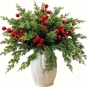 20 artificial Christmas pine needles with red berries, lifelike and vibrant green, suitable for handicrafts, wreath decorations, and home arrangements ideal for holiday table accents, Halloween, Thanksgiving, and Christmas, without a vase.
