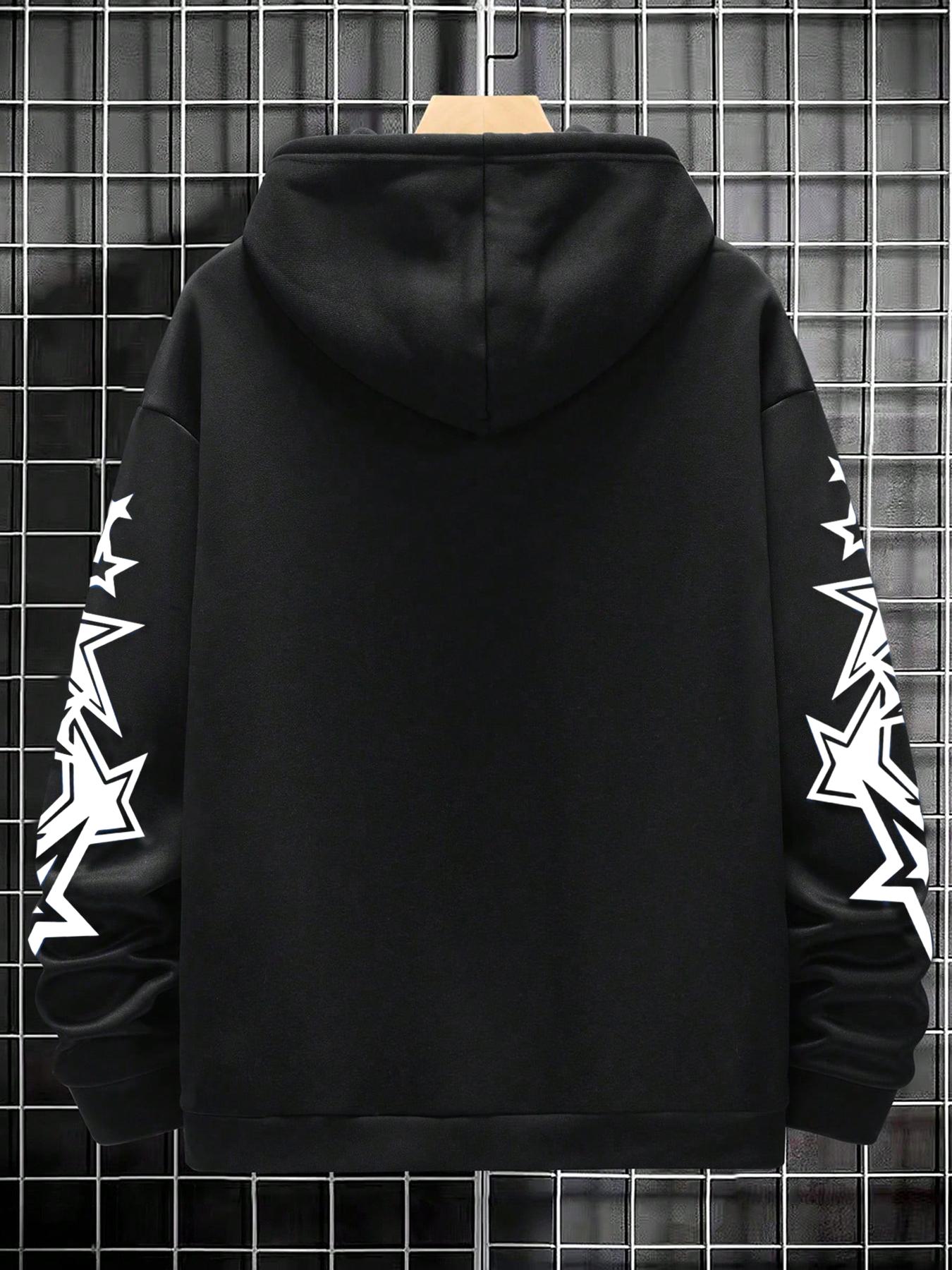 Men's Star Print Drop Shoulder Hoodie, Fashion Casual Regular Fit Drawstring Pocket Hooded Sweatshirt for Daily Holiday Outdoor Wear, Men Clothes for Fall & Winter, Streetwear Hoodie, Drawstring Pocket Hoodies