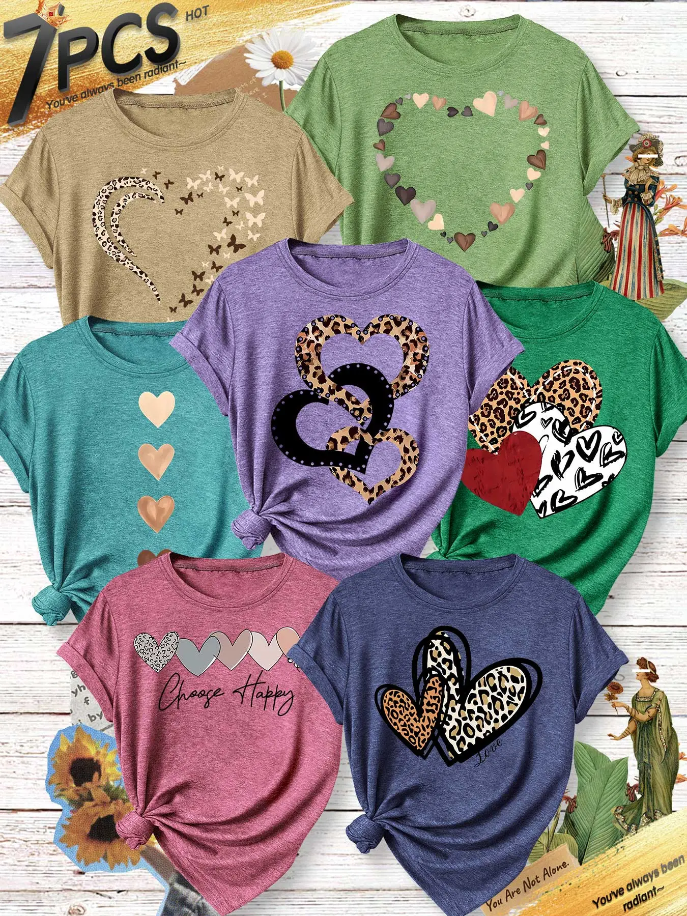7PCS Women Crew Neck Tee, Leopard Heart Butterfly Choose Happy Print, multi-color, washable, soft casual spring summer top