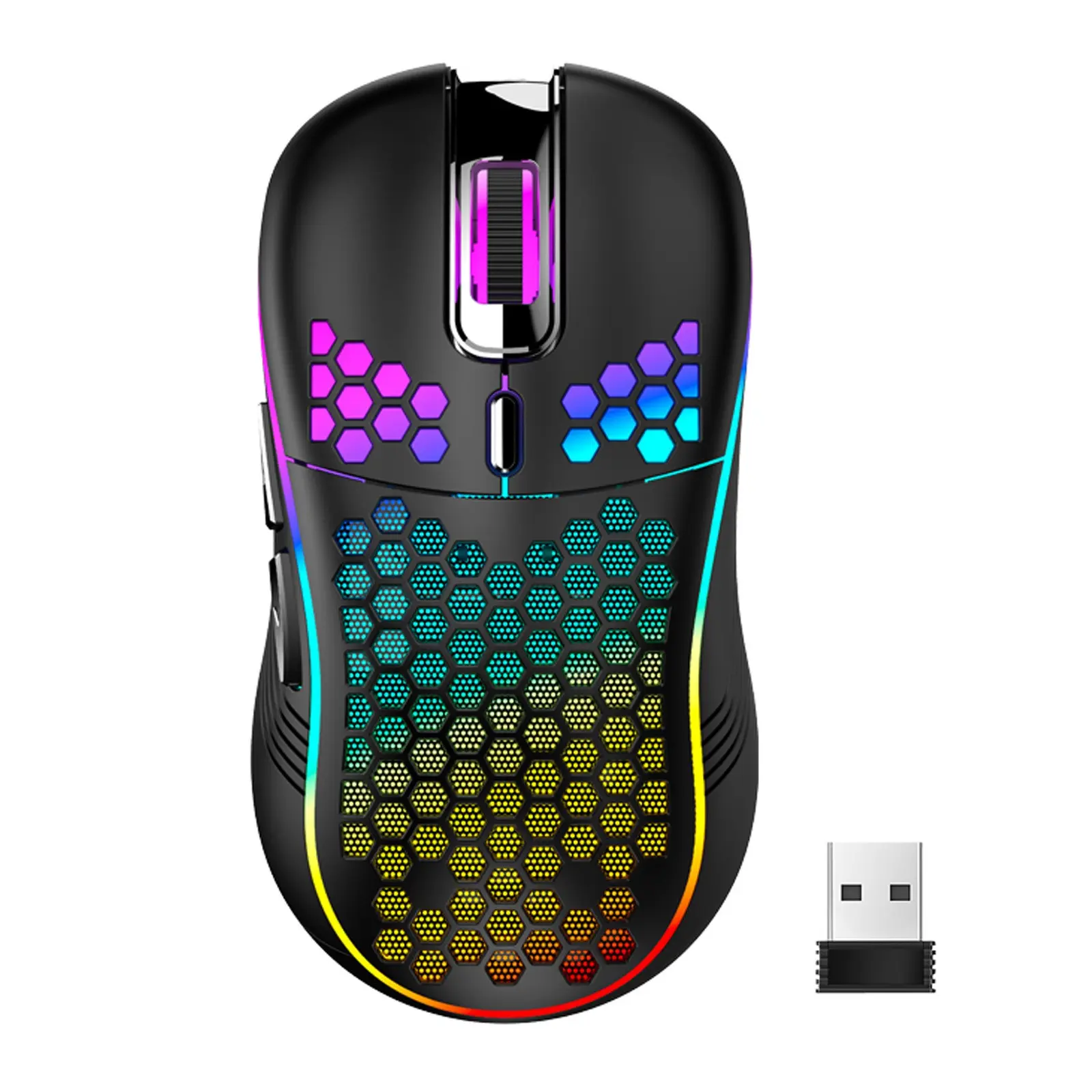 Wireless Lightweight Gaming Mouse, Ultra-Light Honeycomb Shell, 2.4g Wireless Rechargeable RGB Backlight, 6 Buttons, Adjustable 3200 Dpi, USB Receiver
