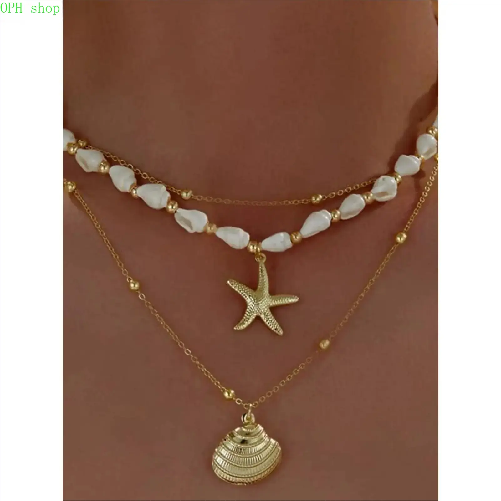 Women's Gold-Tone Seashell Starfish Conch Layered Dainty Choker Jewelry Sets - Casual Elegant Female Costume Jewelry, Pearl Accent, Summer Beach Vacation Style Accessory