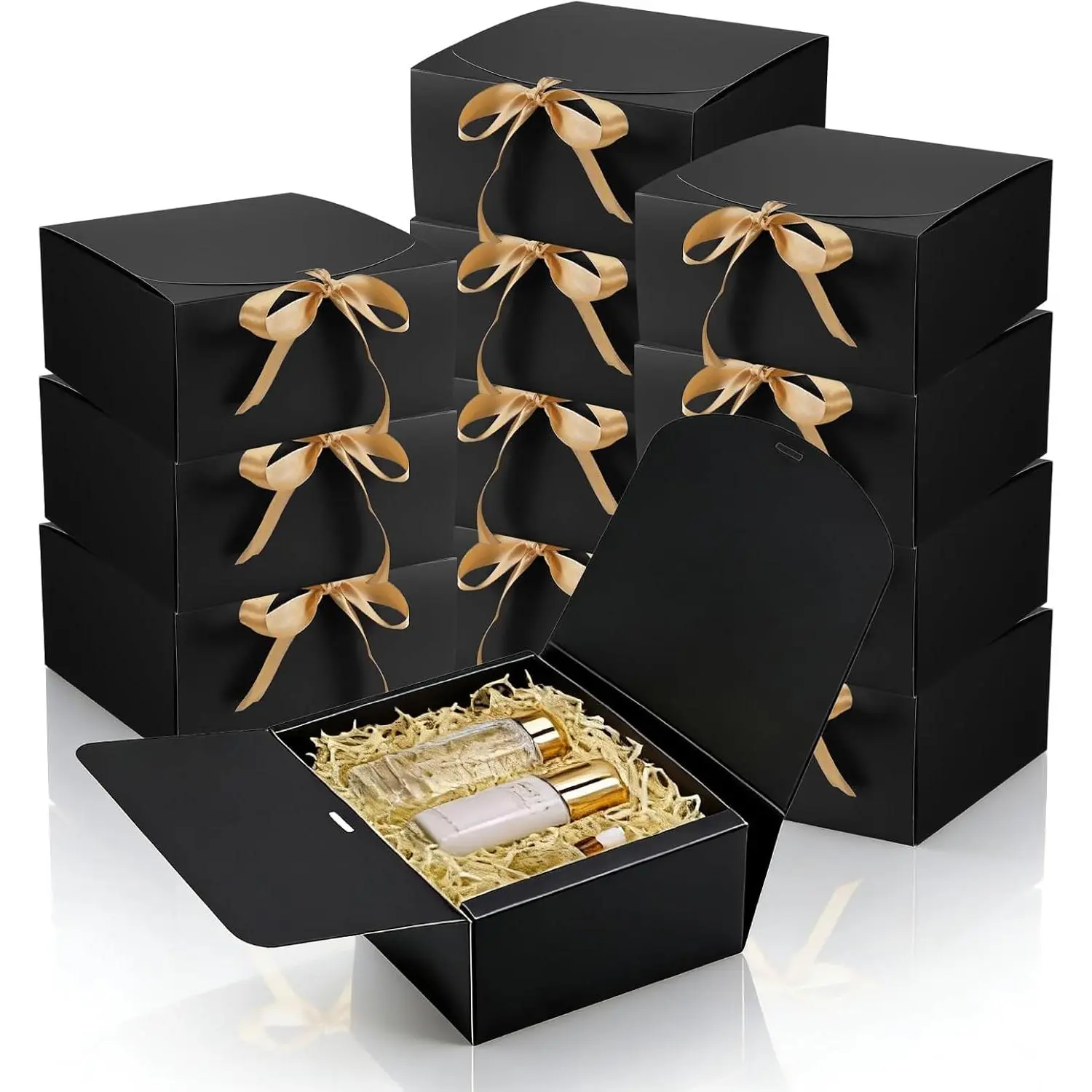 12 Pack Black  Boxes with , 20x20x10cm,  Paper  Box with Ribbon for Wedding Birthday Christmas Party Present Packaging