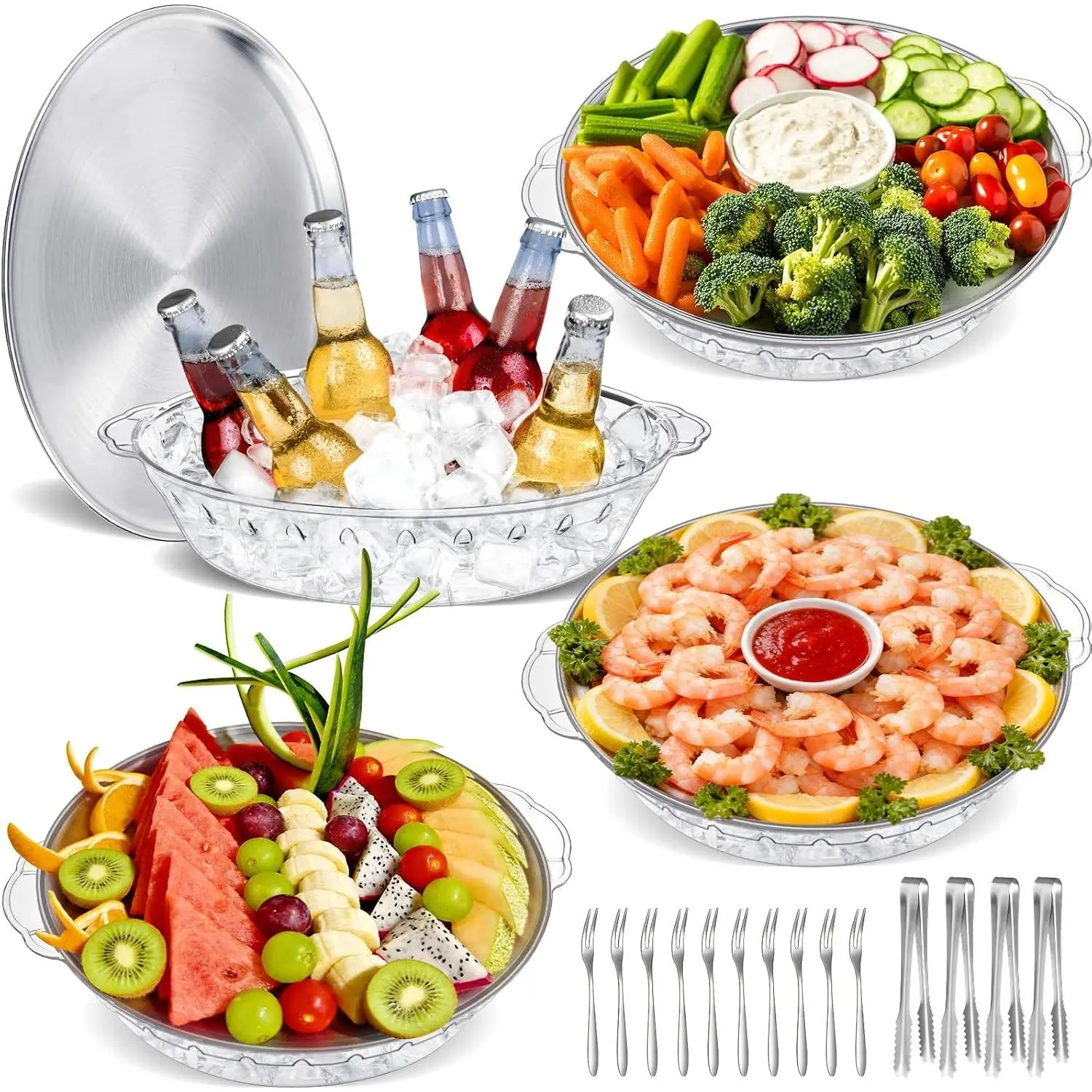 Home Supplies 4-Pack 11.8 in Round Chilled Tray Platter Buffet Serving Set - Ice-Underneath Cold Dish for Fruit, Veggies, Seafood - Party, Buffet Use