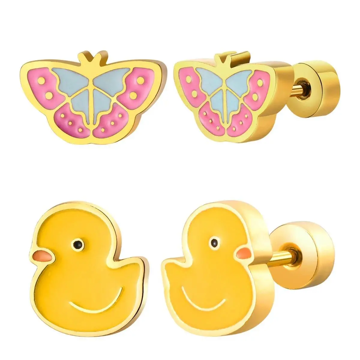 Korean Style Stud Earrings for Women with Cute Butterfly & Duck Design, Stainless Steel Party Wear Jewelry, Girly Gifts, Cute Girly Gifts, Animal, Dripping, Drip Glue