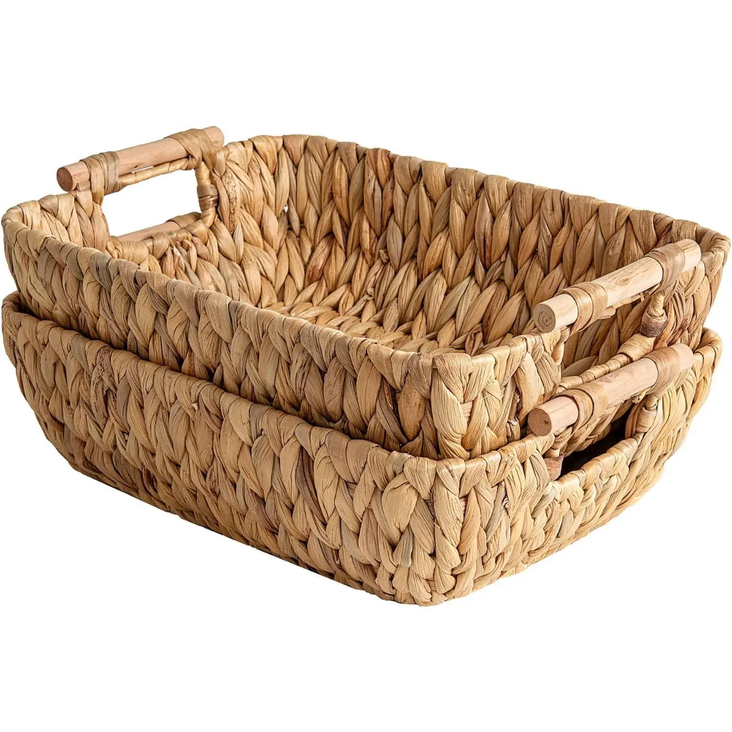 Hand-Woven Large Storage Baskets with Wooden Handles, Water Hyacinth Wicker Baskets for Organizing, 2-Pack