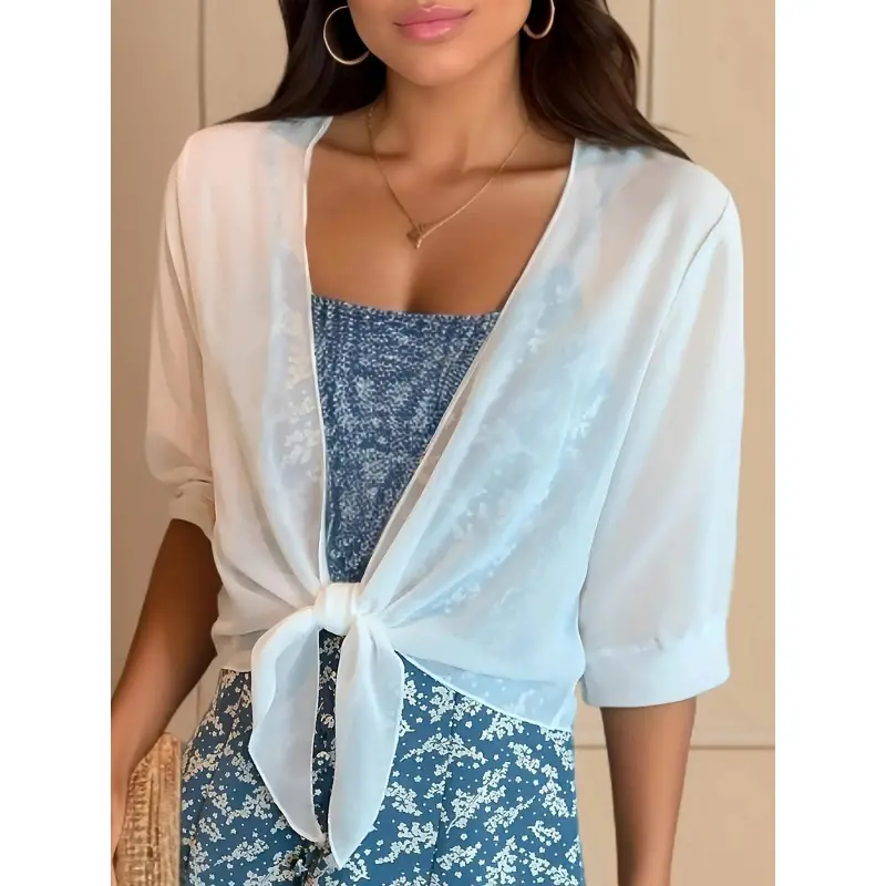 Women's Solid Plain Chiffon Fabric Cardigan - Short Length, Half Sleeve, V-Neck Cut, Tie-Knot Open Front Shrug, Ultra-Thin Lightweight Sheer Sunscreen Cover Up for Dresses (Cardigan for Women)