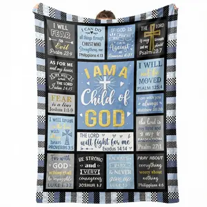 60x50 Inch Masculine Blue Black Check Plaid Quilt Patchwork I Am A Child Of God Multi Encouraging Scripture Cross Bible Verse Flannel Throw Blanket, Anti Pilling Wrinkle & Shrink Resistant No Shed Hypoallergenic Anti-Asthma Velvet Fuzzy Plush Blanket, Lig