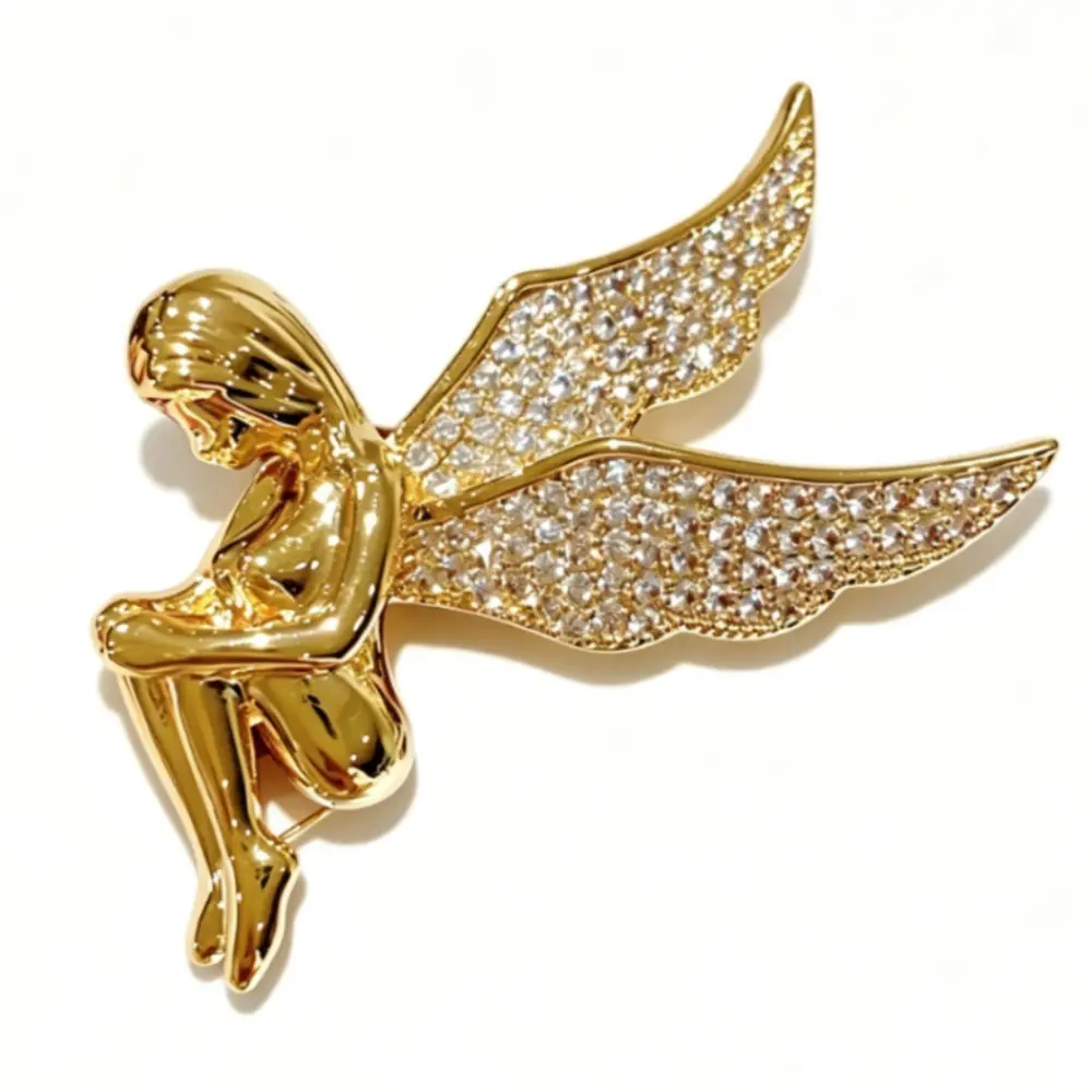 Alloy Angel Brooch Bright Gold Plated Paved Crystal Wings Unisex Gentle Daily Clothing Lapel Pin