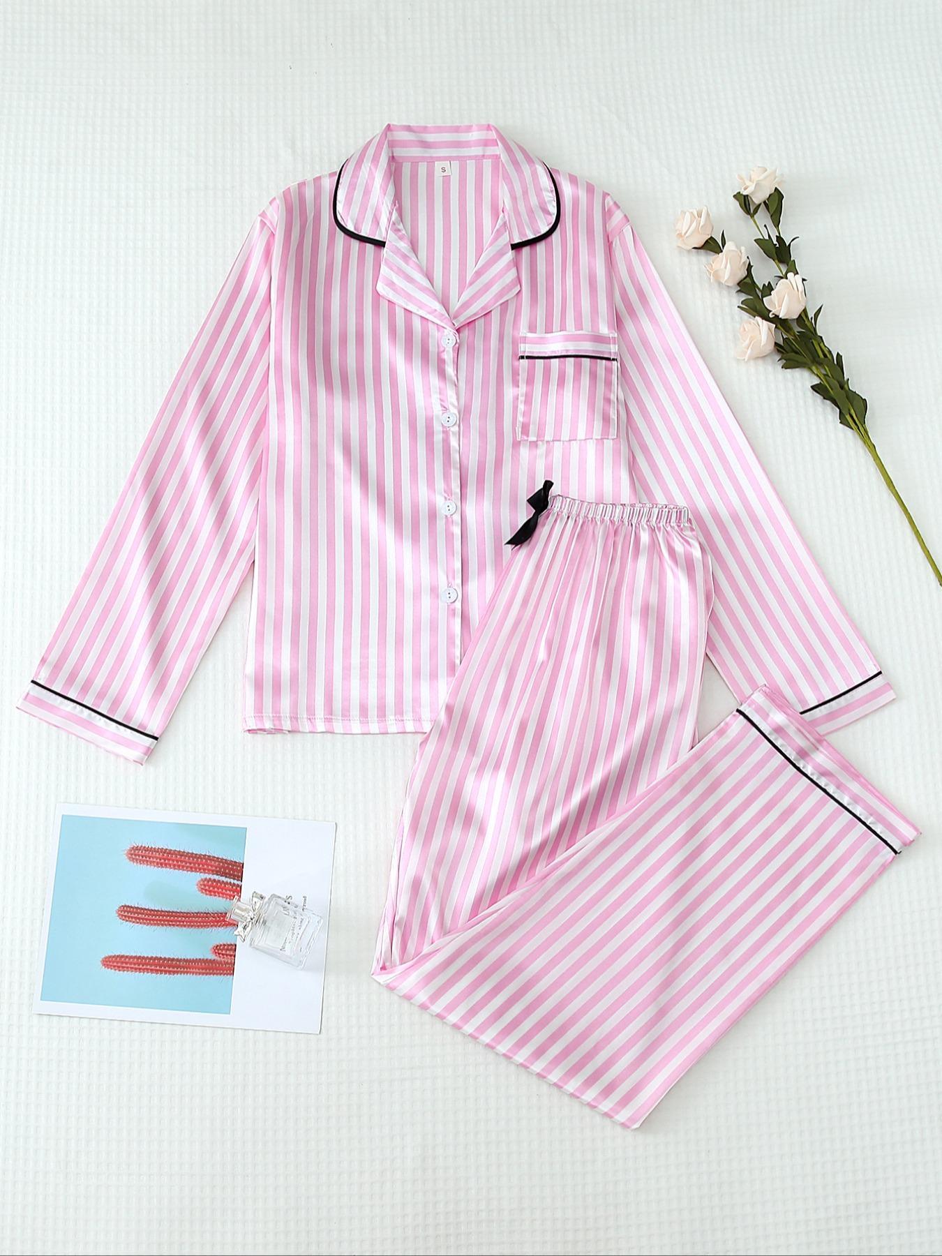 Two-Piece Set Women's Striped Print Lapel Neck Pocket Shirt & Bow Decor Pants Satin Pyjama, Long Sleeve Button Up Top & Trousers PJ Set, Women's Sleepwear for Spring & Fall