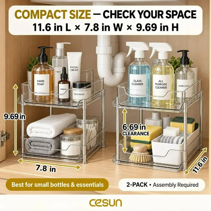 2-Pack 2-Tier Stackable Under Sink Organizer Set with Movable Dividers, Silicone Slide Pull-Out Storage for Bathroom Drawer & Kitchen Pantry, White Bathroom Organizing Accessories,camping accessories