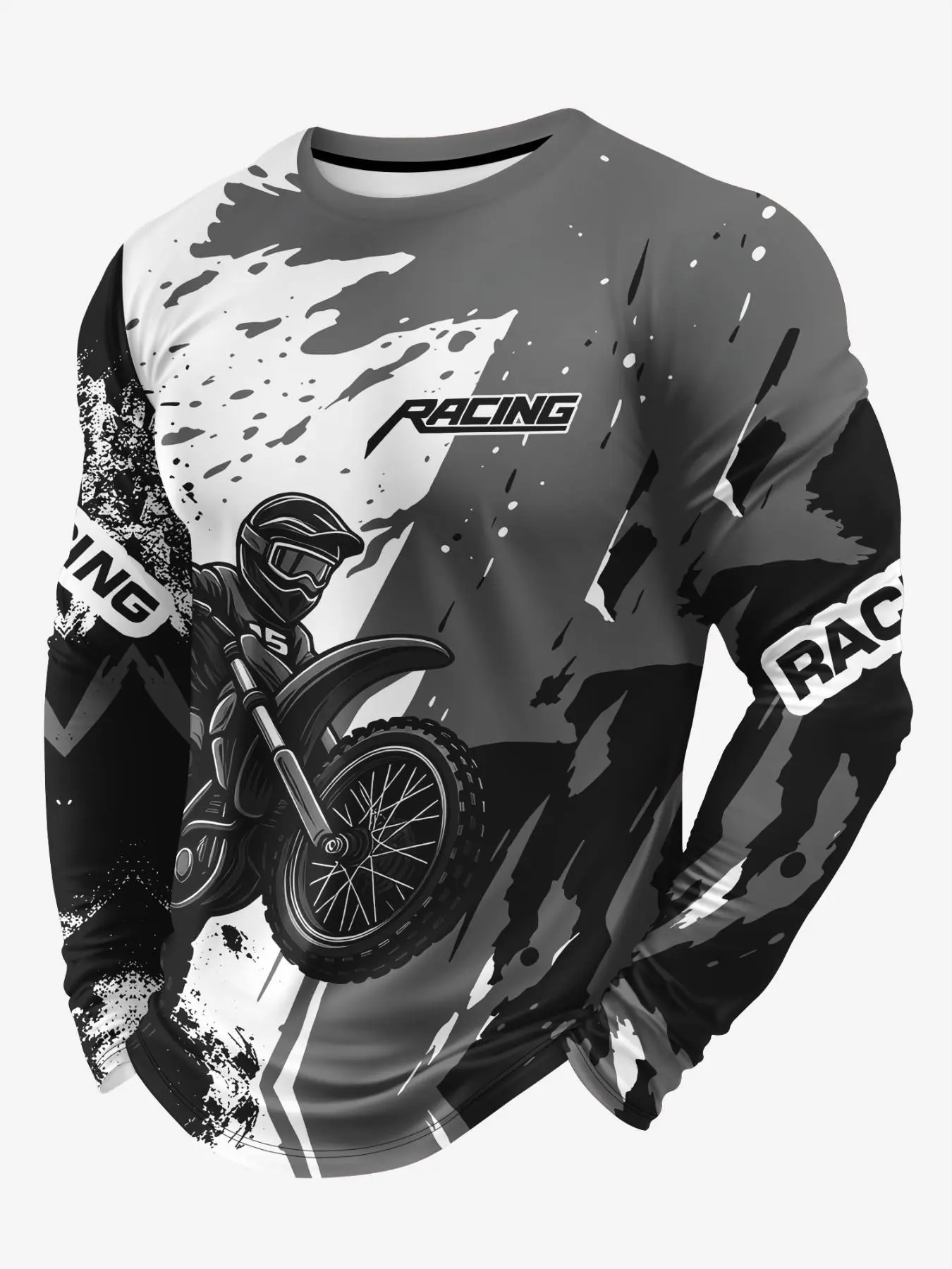 Men Long Sleeve Crew Neck Tees Athletic T Shirt Dirt Bike Rider Splash Ink Racing Graphic Light Breathable Casual Tops Off Road Sports Street Outfit For Motorcycle Enthusiasts Outdoor Daily Training Wear.