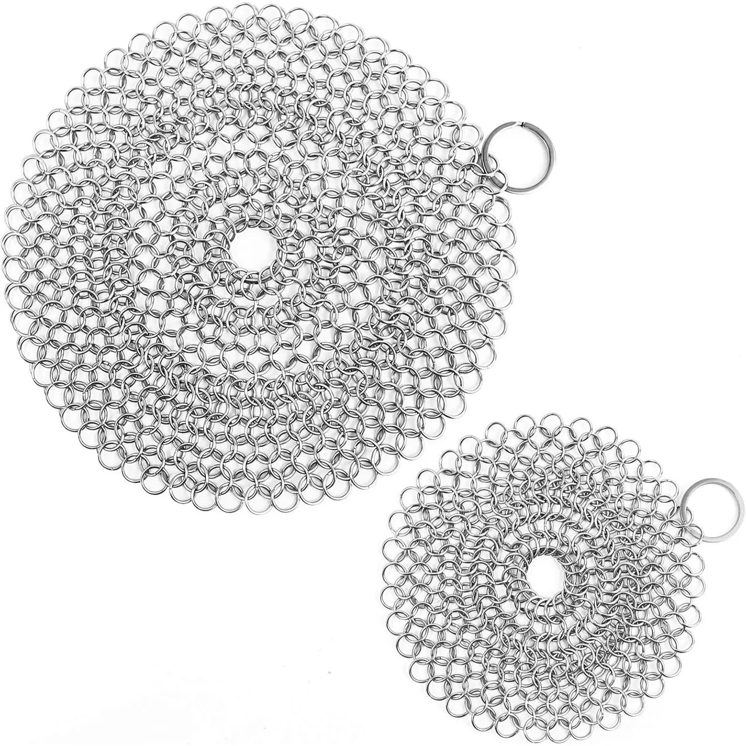 2 Pack Premium Stainless Steel Chainmail Scrubber for Cast Iron Pans Glassware, 7IN & 5IN Round Cast Iron Skillet Cleaner