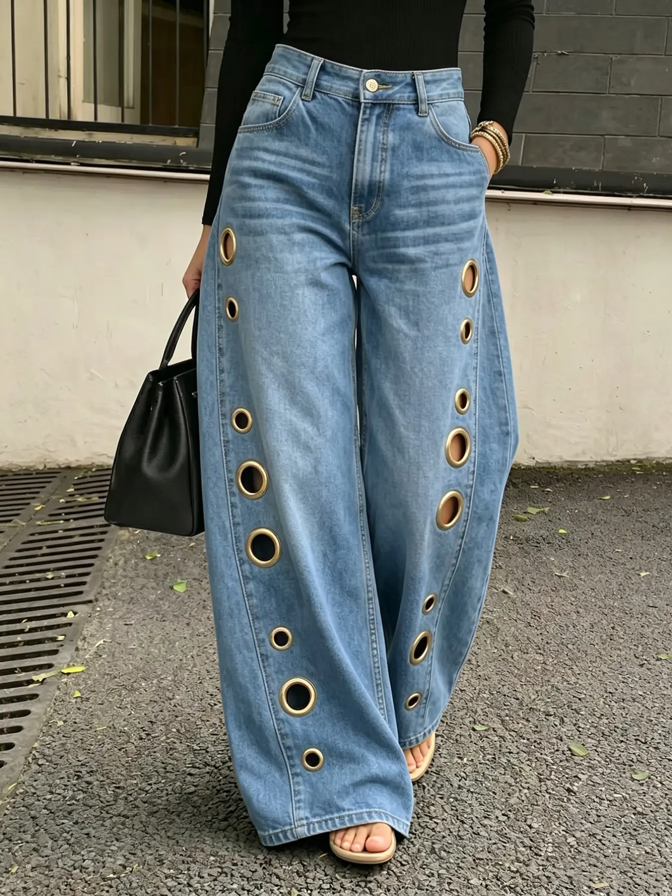 Women's American Vintage High-Waisted Wide-Leg Jeans, Side Metal Eyelets, Washed Blue Denim, Streetwear Style