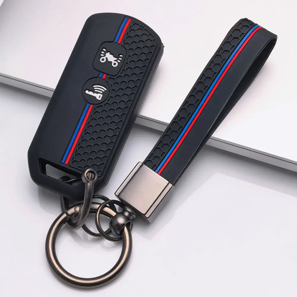 Racing Style Silicone Key Protector With Keychain For Honda PCX150 160 ADV150 160 Forza Vario SH Scoopy Stylo160 Beat Deluxe NS125LA Tri Color Stripe Honeycomb Non Slip Anti Drop Anti Scratch Ergonomic Scooter Key Shell