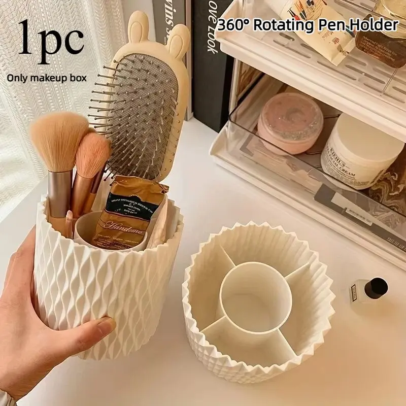 360° Rotating Makeup Brush Organizer Box, Cosmetic Organizers, 5-Compartment Pen Holder, Desktop Storage for Home Office School, Essential Desk Accessories