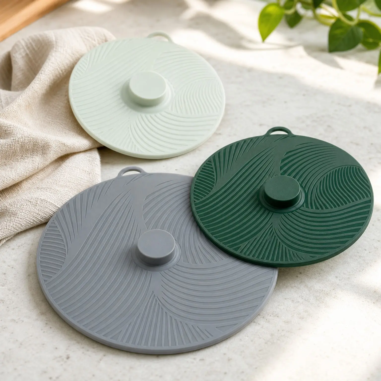 Universal Silicone Lids for Pots and Pans, Heat Safe, Reusable Suction Seal Covers for Bowls, Pots, Cups - Food Grade, Dishwasher Safe, 3 Piece, Gray, Green and Sage