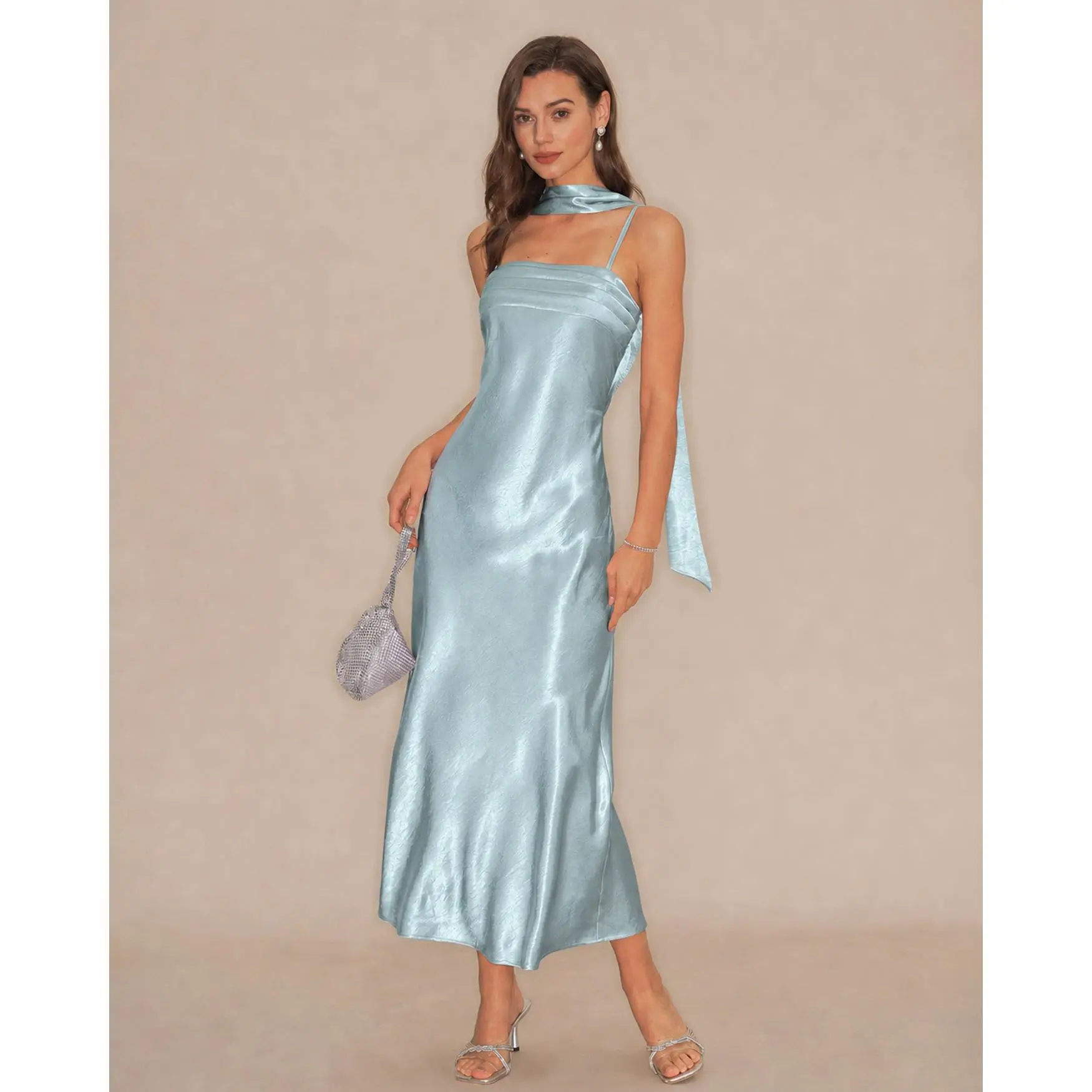 Green Flowy Mermaid Satin Maxi Dress