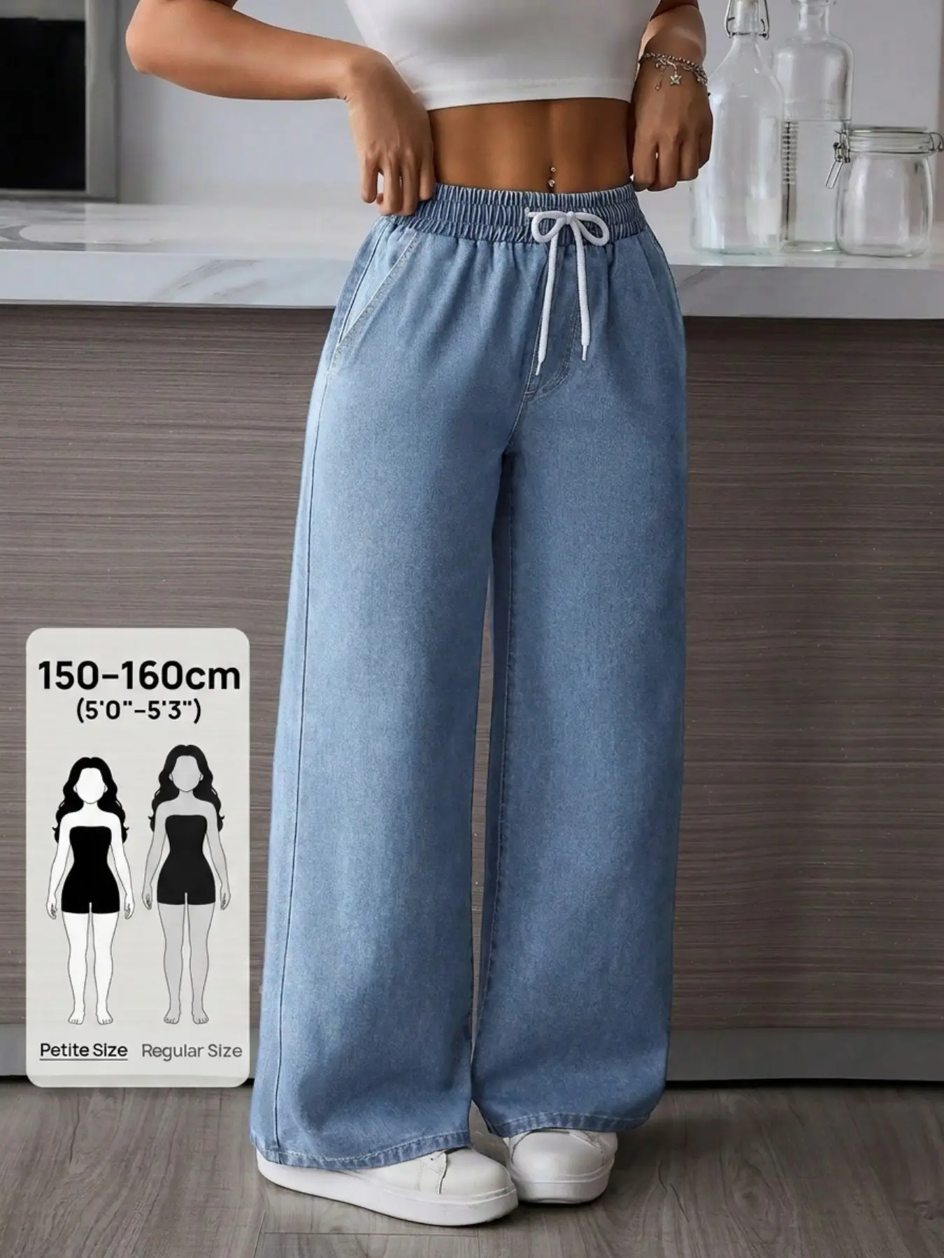 Women's Petite Casual Drawstring Waist Straight Leg Denim Jeans, Fashionable Comfort Design, Perfect for Daily Wear, Trendy Fashion Accent