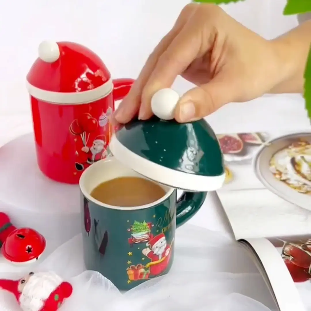 2 Pcs Christmas Coffee Cups, Ceramic Breakfast Mugs, Cute Penguin Reindeer Santa Water Glasses, Holiday Gifts, Office Presents