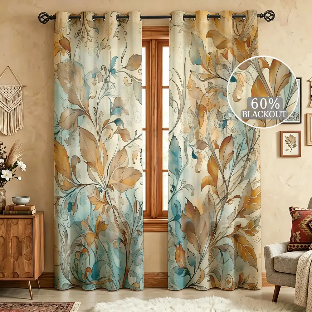 Vintage Autumn Maple Leaf Curtains, Warm Tone Fall Plant Foliage Window Drapes, 2 Panels Blackout Curtains For Living Room Bedroom Harvest Home Decor, Home Decoration Curtain