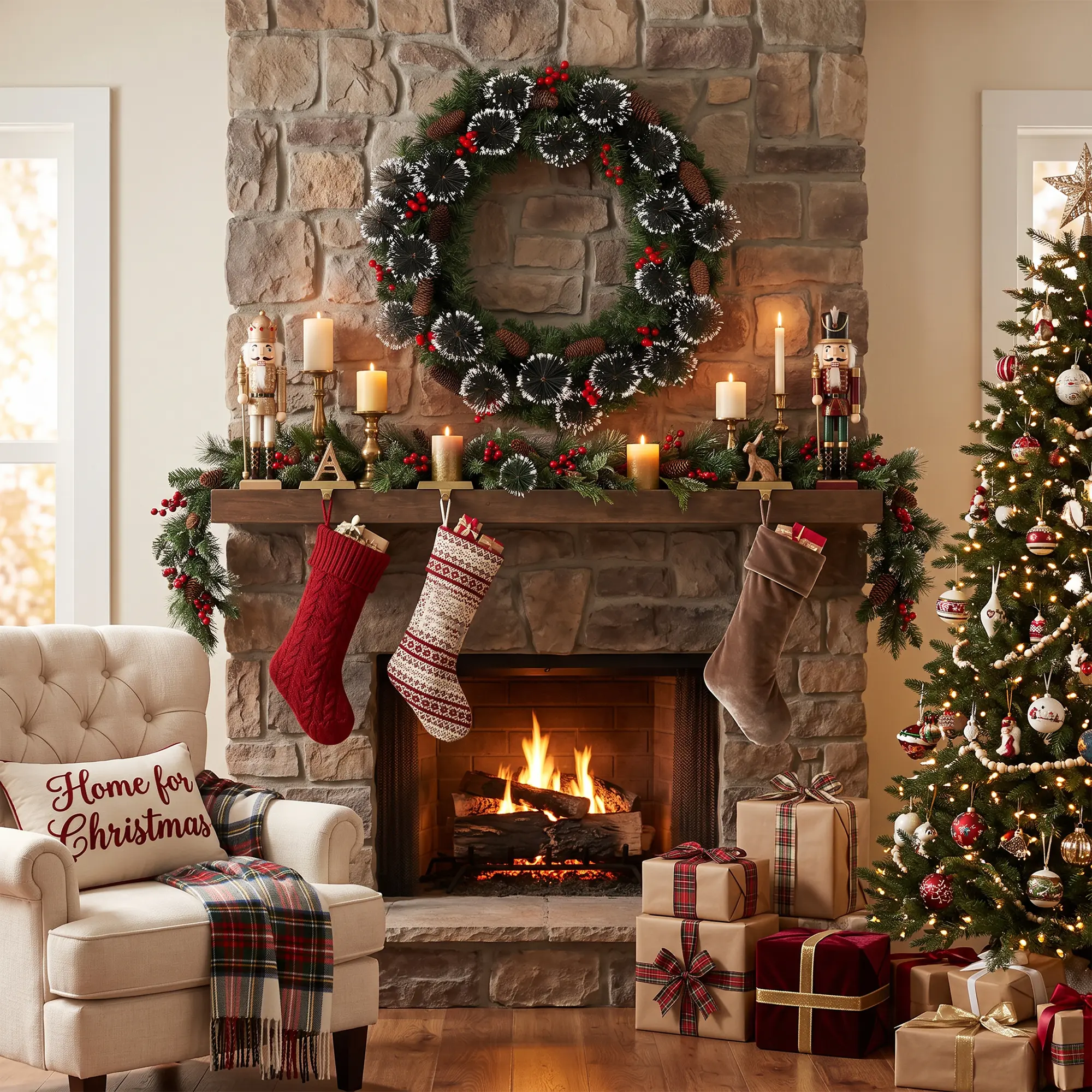 Christmas Wreath Pre-Lit LED Pine Needle with Snow | Pre-lit Christmas Wreath, Warm White LED Lights, Battery Powered Flocked Pine Needle with Snow