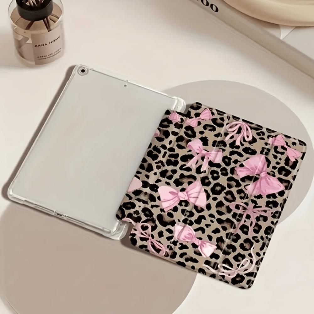 Leopard Print Bowknot Tri-Fold iPad Case, for mini 3/4/5/6/7, Air 1/2/3, Pro Series, Galaxy Tab S6/S7/S8/S9/S10, A7/A8/A9. With pencil holder, kickstand and auto sleep function. Perfect holiday gift choice.