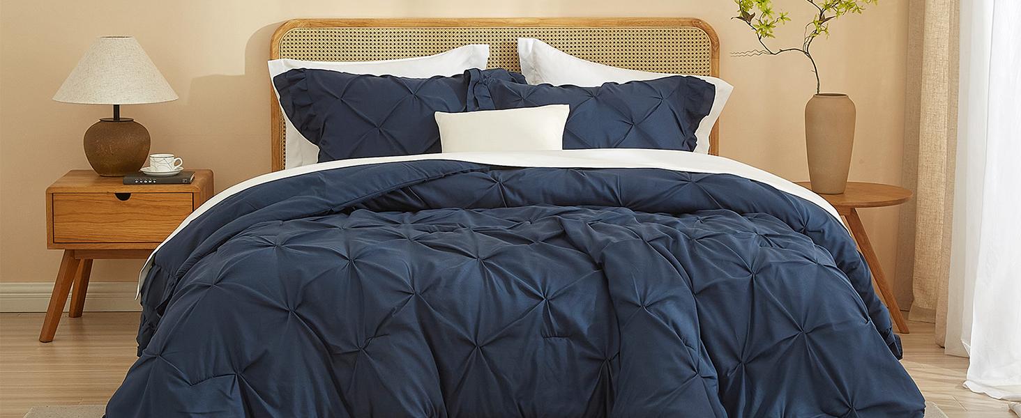 Dark Blue Ruffled Pintuck Comforter Set Queen Size, Microfiber Pleated Comforter Set Vintage Bedding, 3 Piece Brushed Comforter Set, 1 Ruffled Comforter with 2 Pillowcases