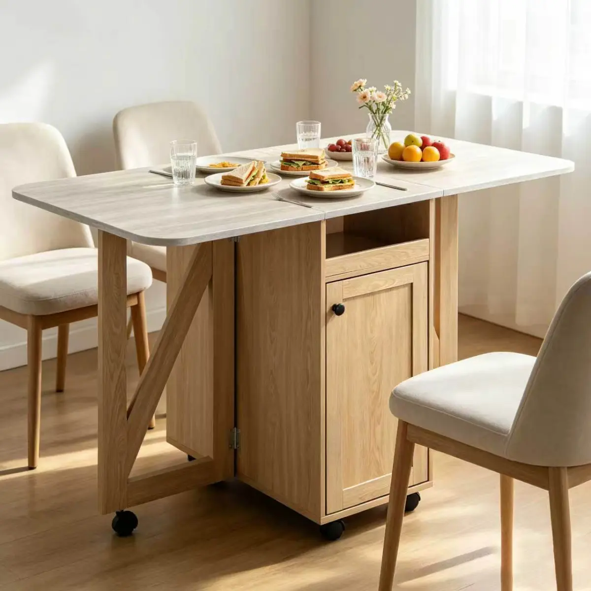Dual Drop Leaf Rolling Kitchen Island Cart with Lockable Casters, Light Oak Frame Travertine Waterproof Tabletop, Adjustable Cabinet Shelf Open Cubby Detachable 9-Grid Wine Rack, A-Shaped Support Foldable Prep Table for Small Apartment