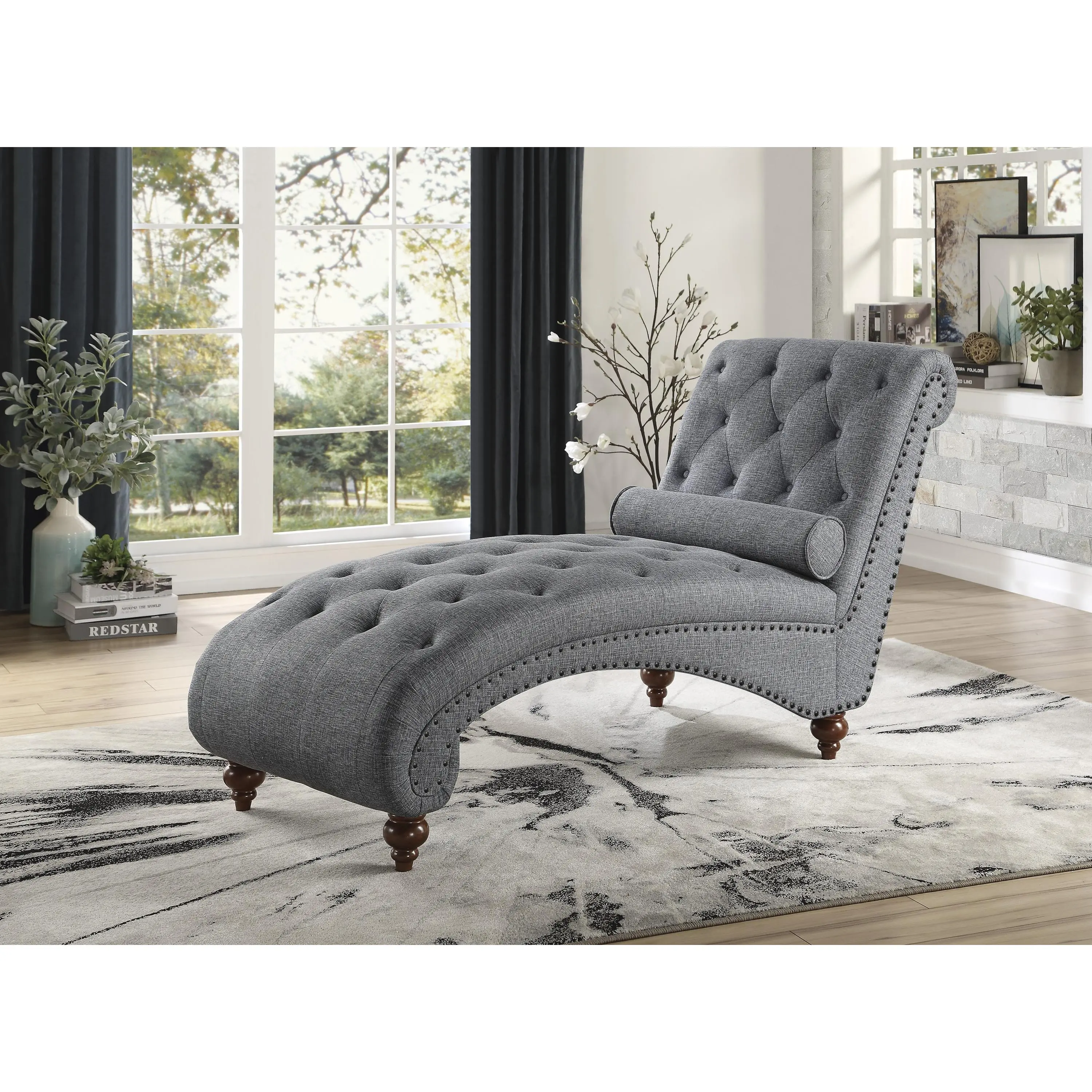 Nokaa Modern Gray Chaise Lounge Chair with Button Tufting, Nailhead Trim, Solid Wood & Plywood Frame, Foam Padding, Textured Polyester Fabric, Bolster Pillow, 300lbs Capacity, Solid Wood Furniture for Living Room